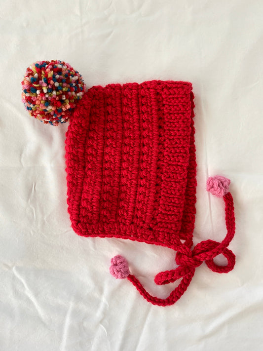 Harper crochet pixie bonnet Red- Baby 6/ 9m